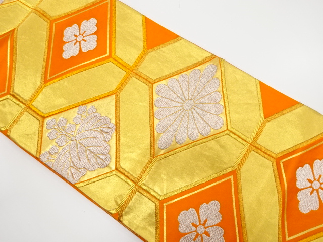 JAPANESE KIMONO / ANTIQUE FUKURO OBI / SILK / WOVEN ABSTRACT FLORAL SHIPPO PATTERN